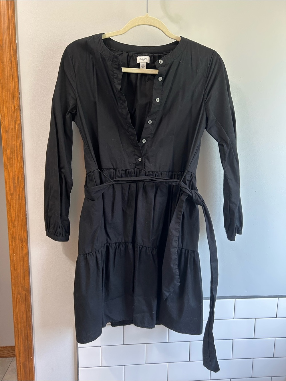 J. Crew Black Long Sleeve Tiered Shirt Dress with Waist Tie